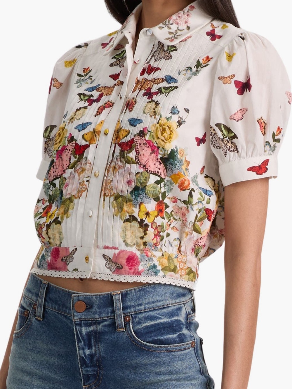 Alice + Olivia White Floral & Butterfly Pintuck Crop Blouse - Picture 3 of 9